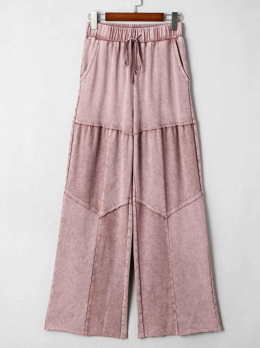 Mineral Wash Tiered Wide Leg Patchwork Drawstring Pants