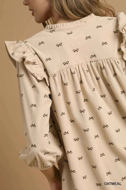 Umgee Bow Print Corduroy Puff Sleeve Blouse with Ruffled