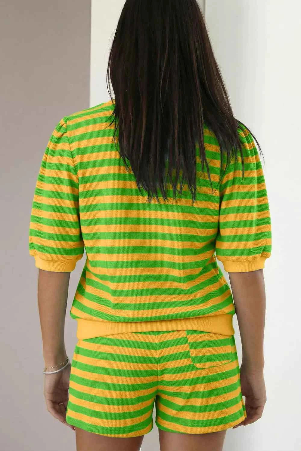 Striped Puff Sleeve Top and Drawstring Shorts Set