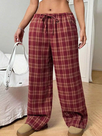 Plaid Drawstring Wide Leg Pants