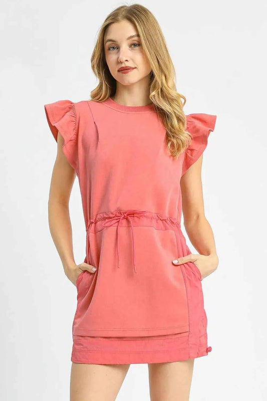 Umgee Luxe knit Ruffle Sleeve Drawstring Mini Dress