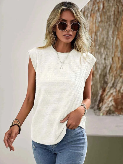 Textured Round Neck Cap Sleeve Top