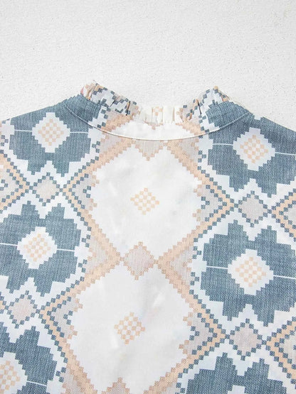 Bohemian Geometric Print Blouse with Tassel Tie