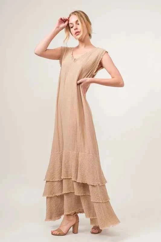 And The Why Washed Cotton Gauze Fringe Detail Tiered Dress