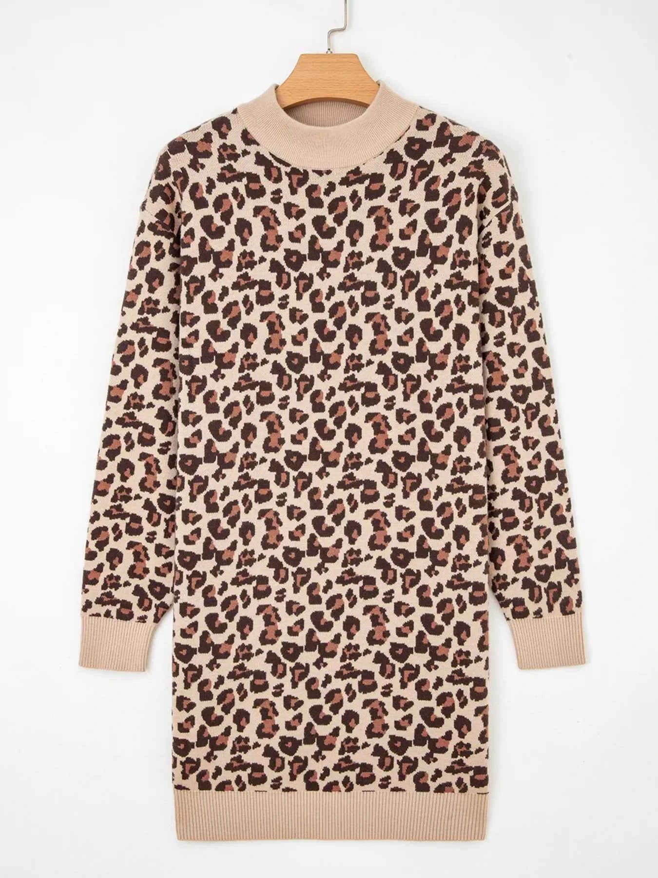 Leopard Print High Neck Shift Mini Sweater Dress