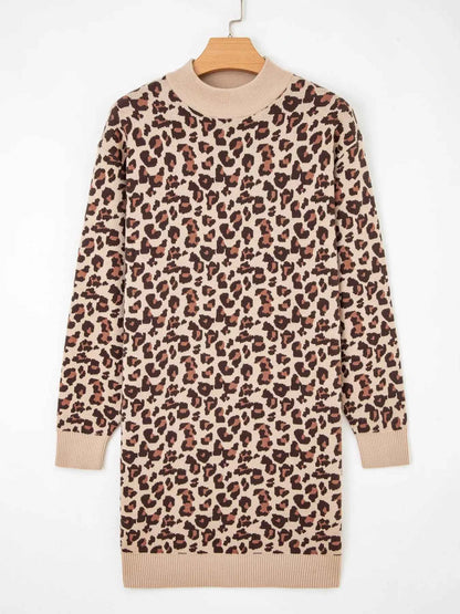 Leopard Print High Neck Shift Mini Sweater Dress
