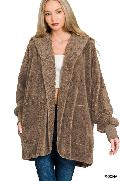 Zenana Hooded Faux Fur Jacket with Pockets