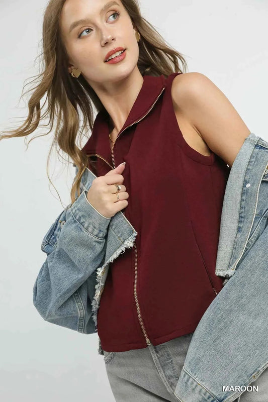 Umgee Zip-Front Fitted Vest with Pockets
