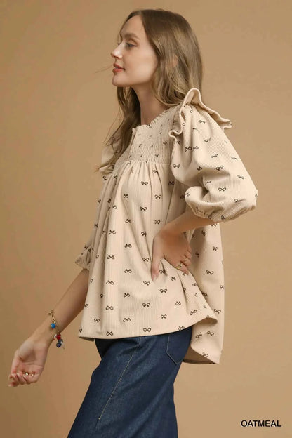 Umgee Bow Print Corduroy Puff Sleeve Blouse with Ruffled
