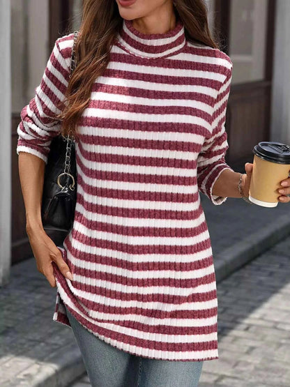 Striped Turtleneck Long Sleeve Knit Top