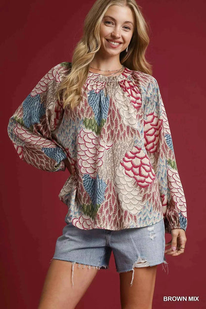 Umgee Boho Feather Print Peasant Blouse