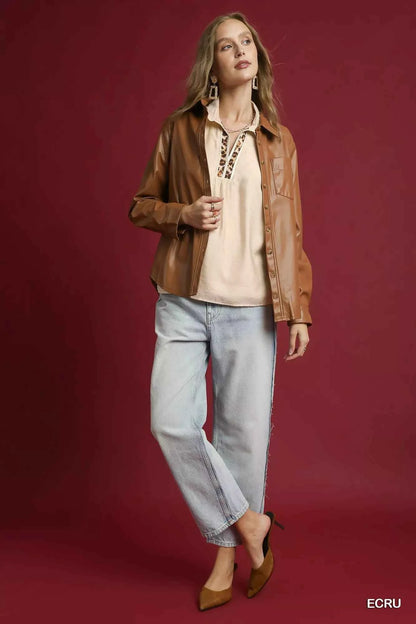 Umgee Long Sleeve Blouse with Leopard Print Trim