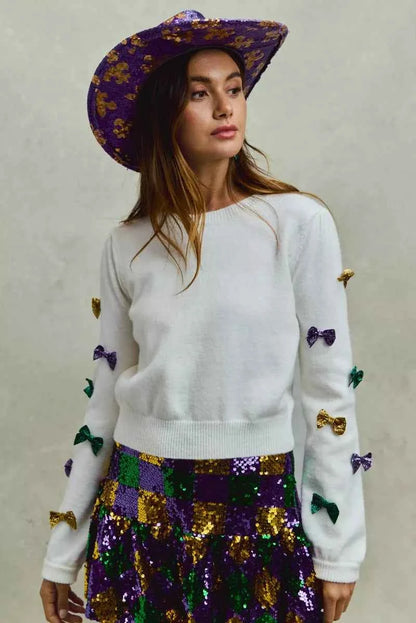SO ME Mardi Gras Glitter Bow Ribbon Sweater Knit Top