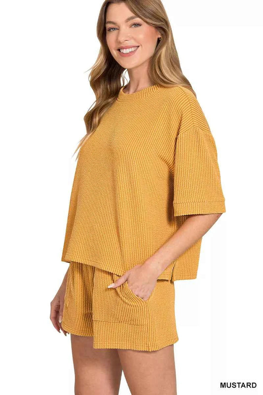 Zenana Raised Rib Short Sleeve Tee and Drawstring Shorts Set