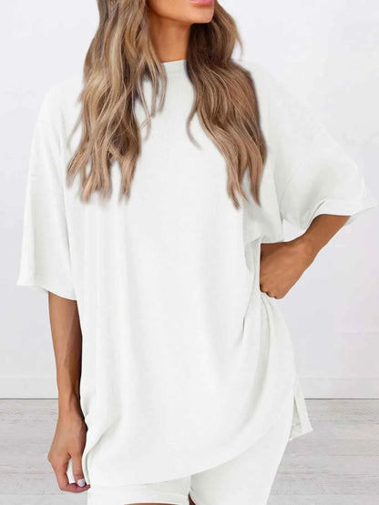 Full Size Oversized Round Neck Top and Shorts Set Plus Size
