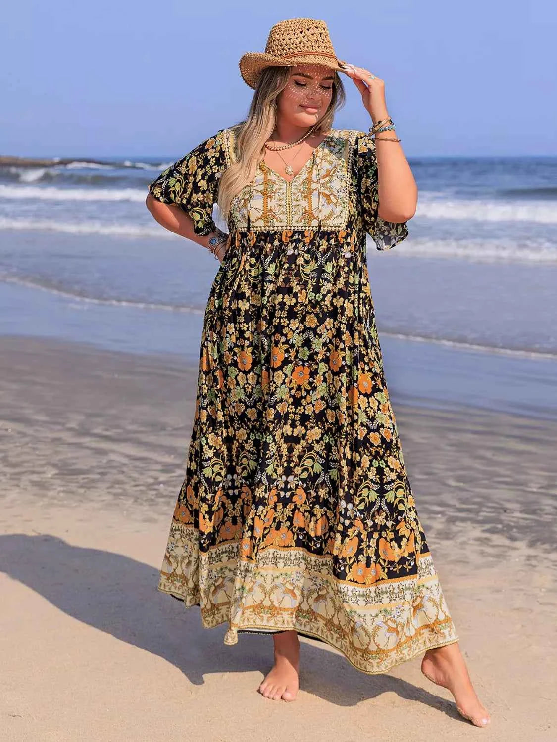 Plus Size Bohemian Floral Tiered Maxi Dress