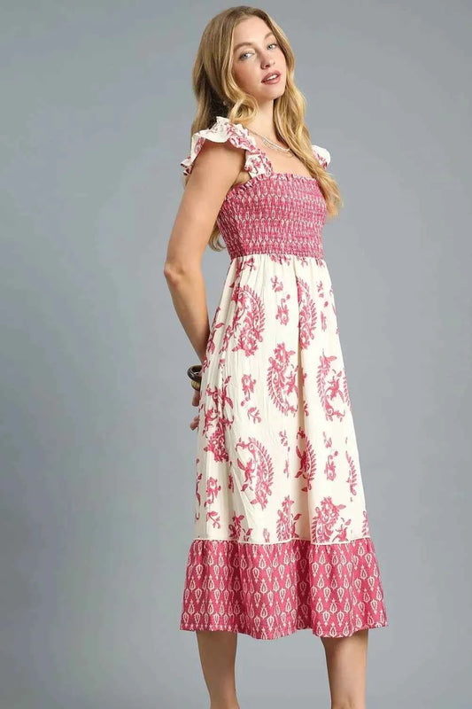 Umgee Printed Smocked Midi Dress with Ruffle Details