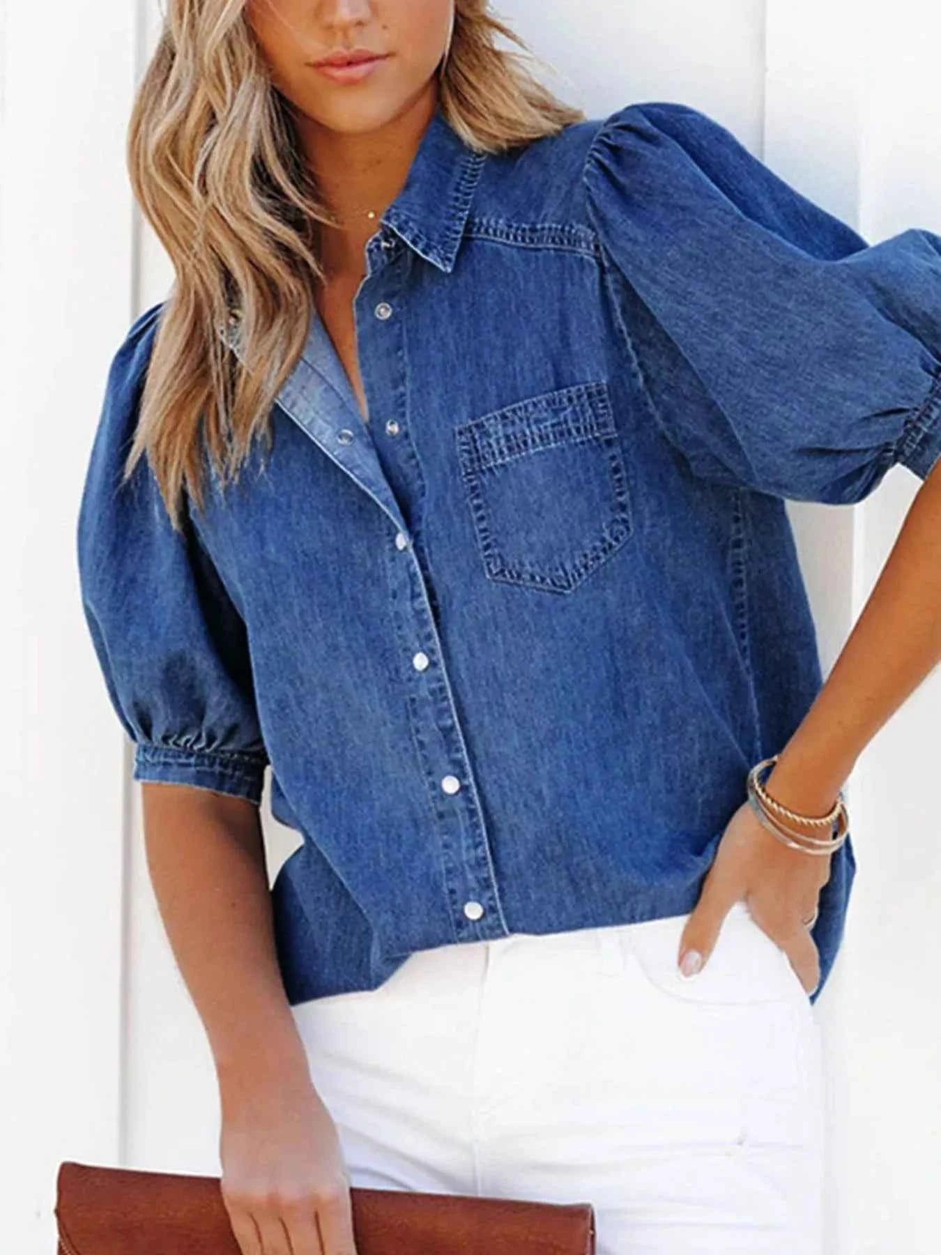 Puff Sleeve Button-Down Denim Top
