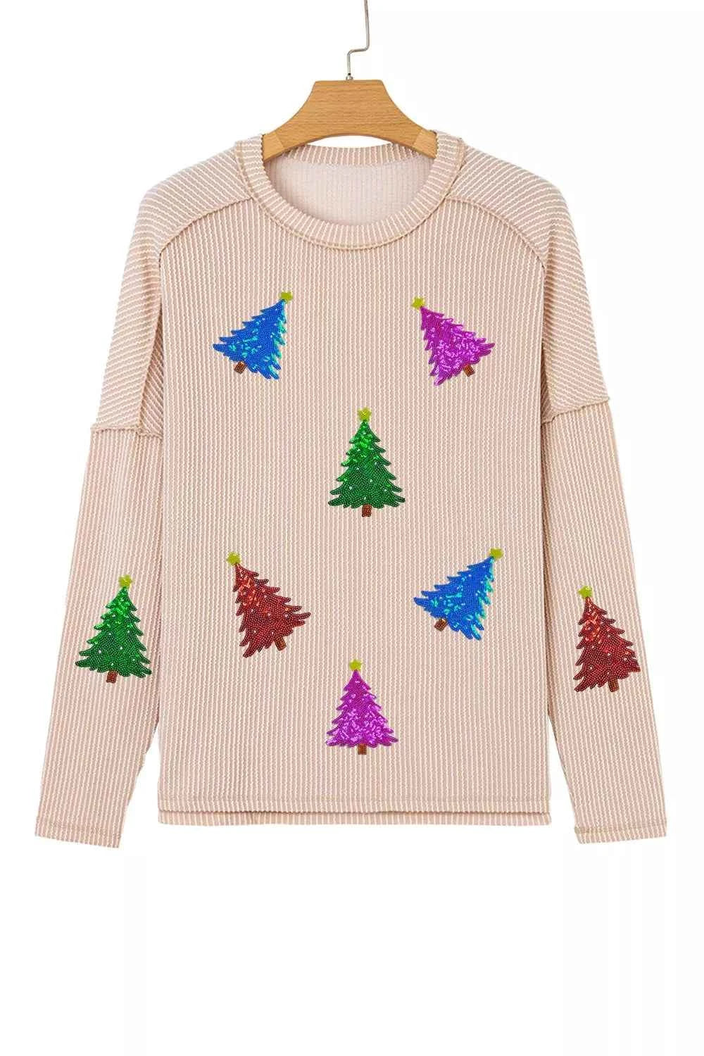 Sequin Christmas Tree Exposed Seam Drop Shoulder Ribbed Long Sleeve Top