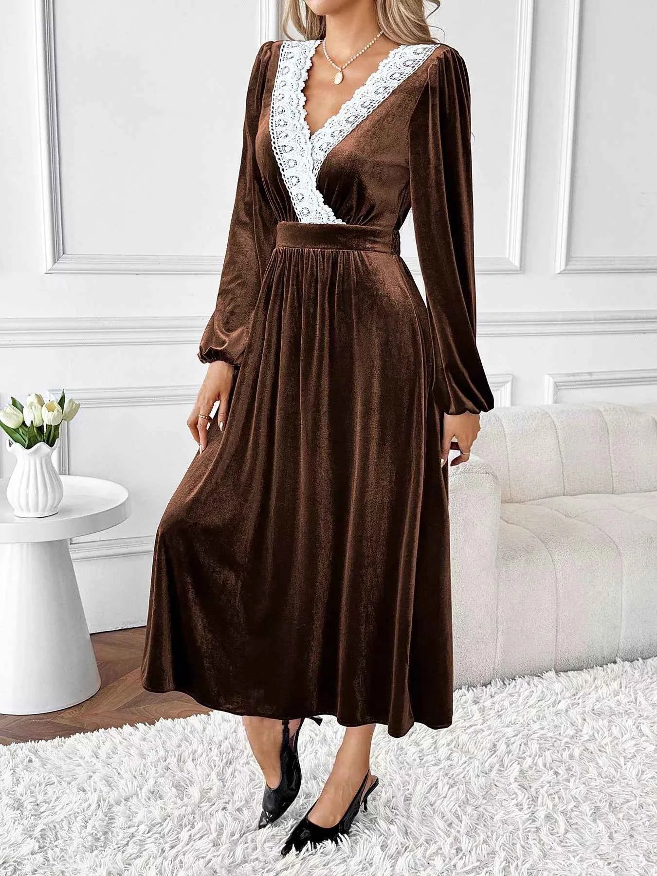 Velvet A-Line Dress with Lace Trim