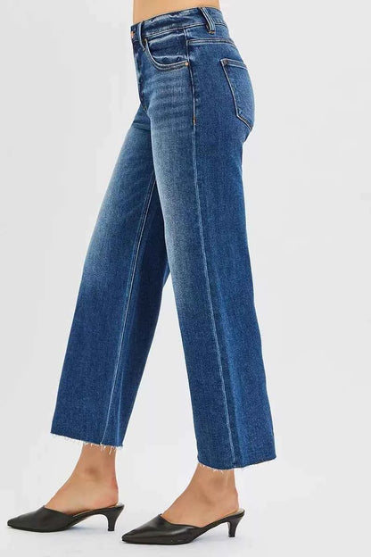 RISEN Full Size Mid Rise Crop Wide Raw Cut Hem Jeans Plus Size