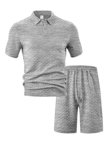 Men's Full Size Textured Polo Shirt and Shorts Set Plus Size