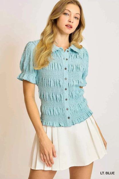 Umgee Smocked Short Sleeve Button-Front Shirt with Peter Pan Collar