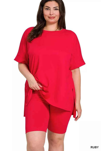 Zenana Full Size Brushed Dty Microfiber Round Neck Top and Biker Shorts Set Plus Size
