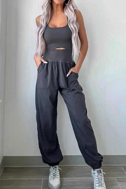 Cutout Square Neck Wide Strap Active Jumpsuit