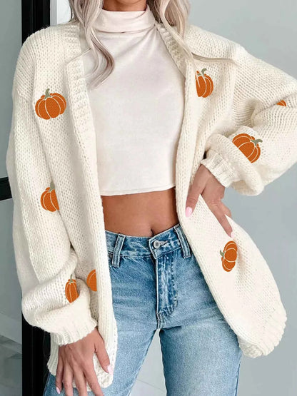 Halloween Pumpkin Embroidered Knit Cardigan