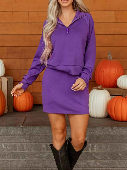 Half Zip Long Sleeve Top and Mini Skirt 2pcs Outfit