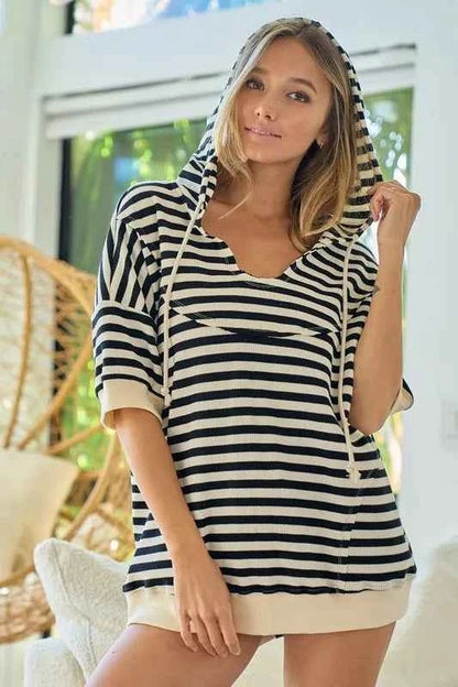 BiBi Stripe Fleece Notch Neck Short Sleeve Hoodie