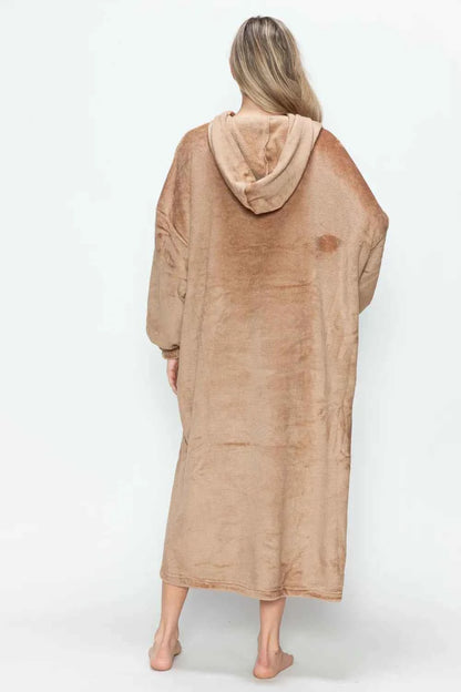 Double Take Full Size Pocketed Hooded Midi Lounge Dress