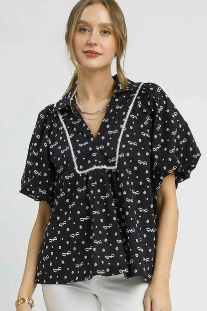 Umgee Bow Print Puff Sleeve Blouse