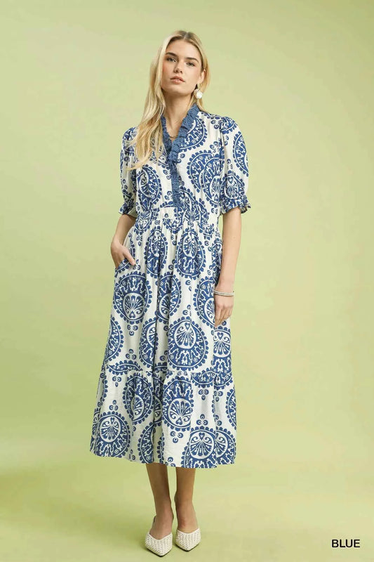 Umgee Paisley Smocked Waist Midi Dress