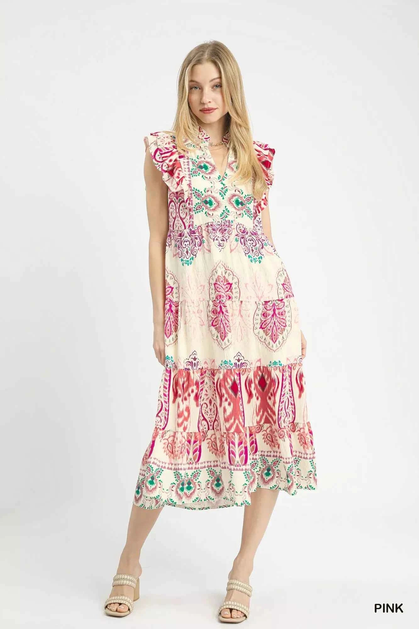 Umgee Boho Boarder Print Ruffle Midi Dress