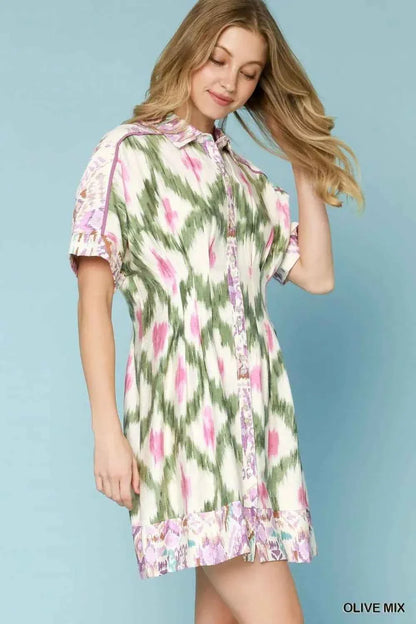 Umgee Ethnic Print Short Sleeve Mini Shirt Dress