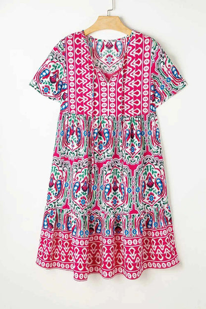 Printed Tie Neck Short Sleeve Dress