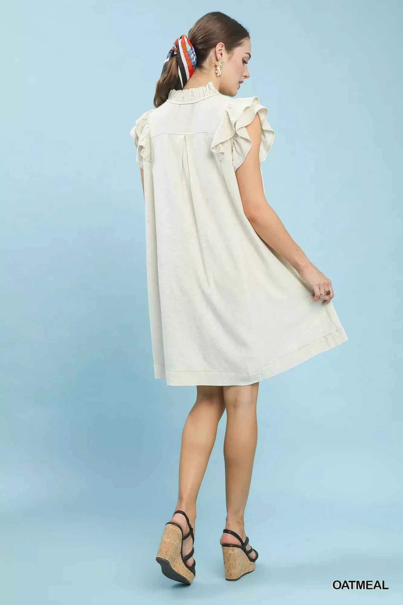 Umgee Linen Flutter Sleeve Shift Dress with Pockets