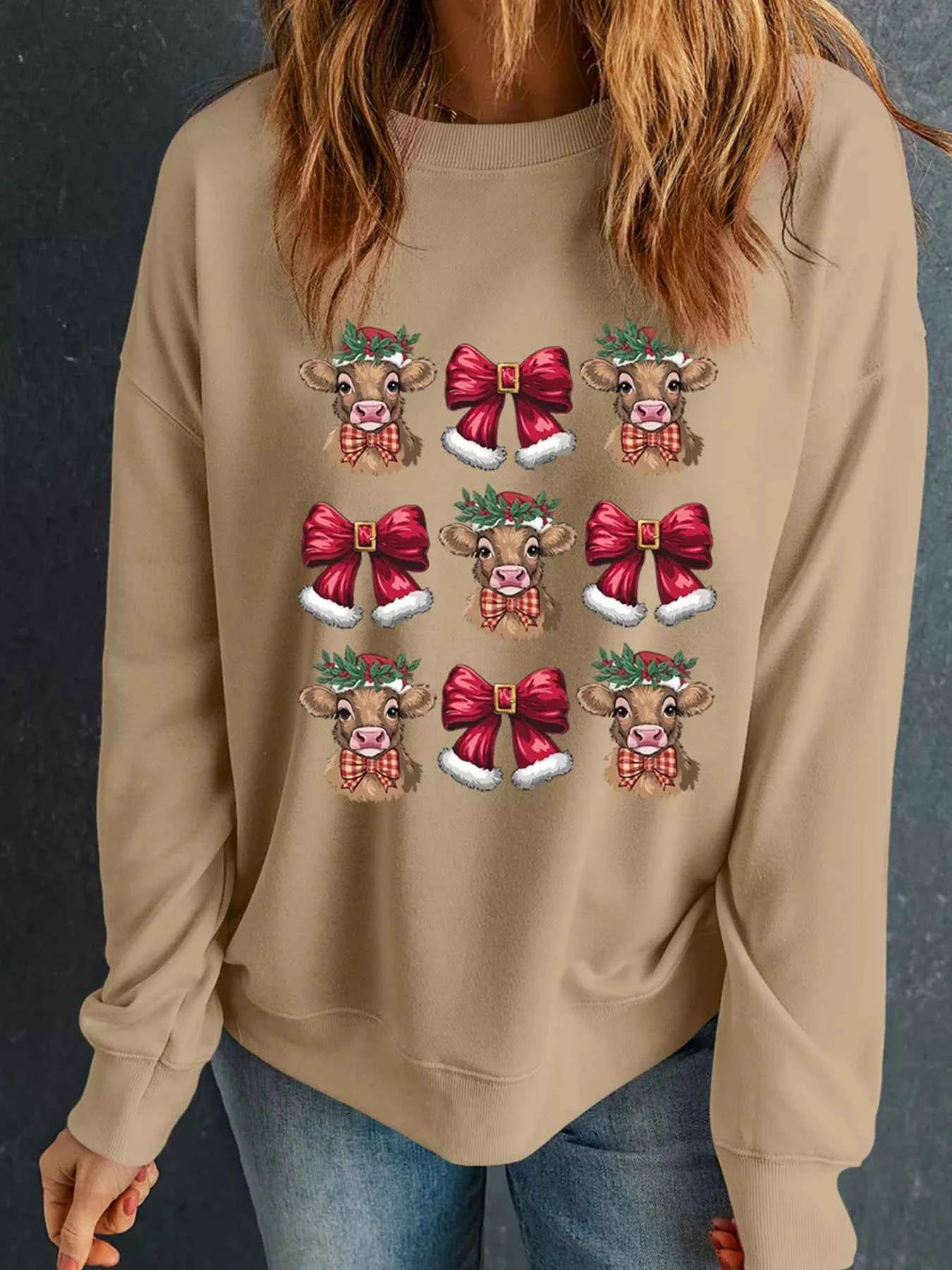 Christmas Heifer Bow Knot Print Casual Sweatshirt