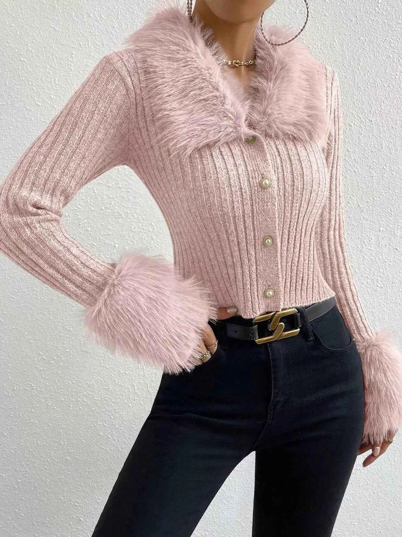 Faux Fur Trim Ribbed Knit Cropped Cardigan