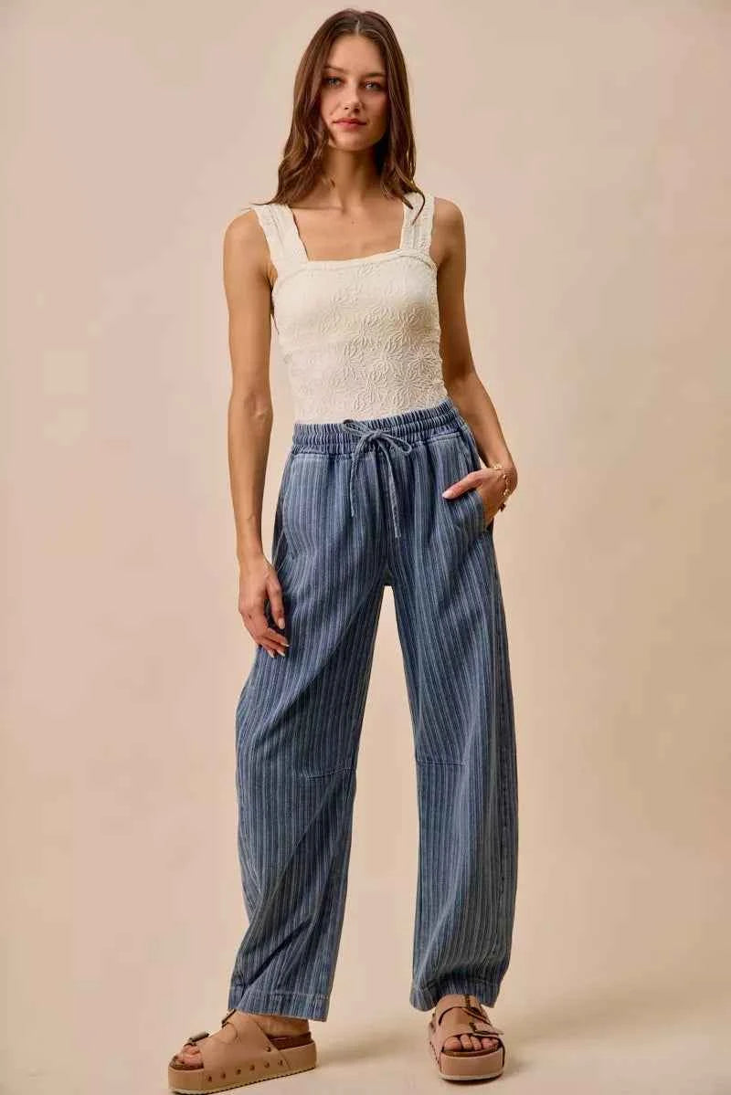 SO ME Stripe Denim Barrel Jeans Drawstring Waistband