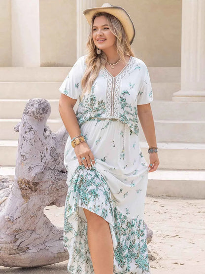 Plus Size Printed Lace Detail Short Sleeve Top and Skirt Set