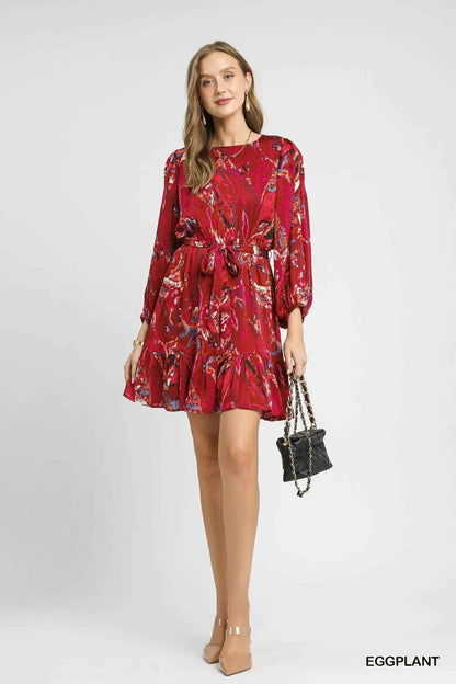 Umgee Ruffled Hem Printed Balloon Sleeve Dress