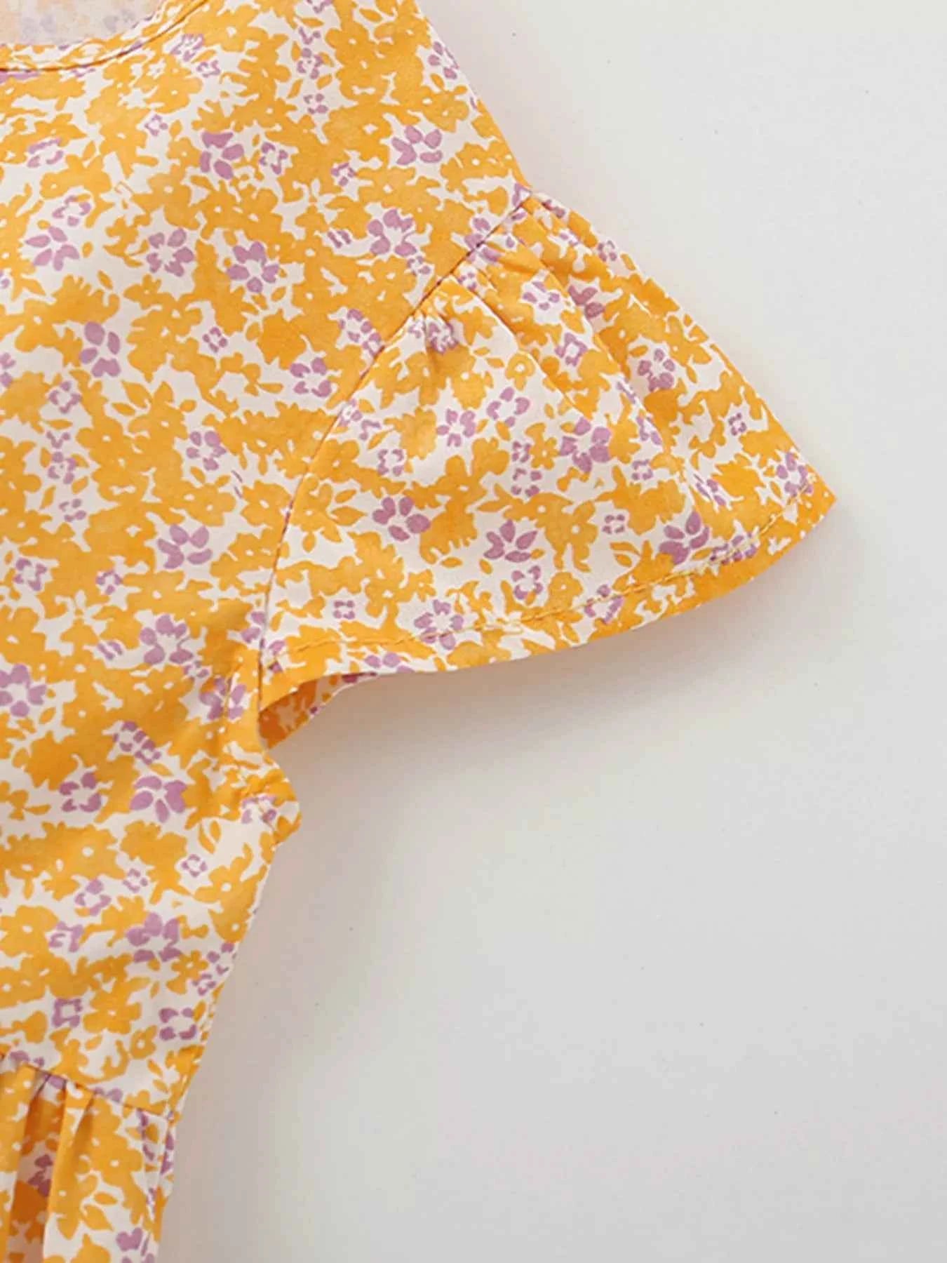 Children's Floral Print Button-Front Flutter Sleeve Dress