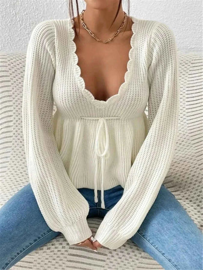 Scalloped V-Neck Drawstring Knit Top