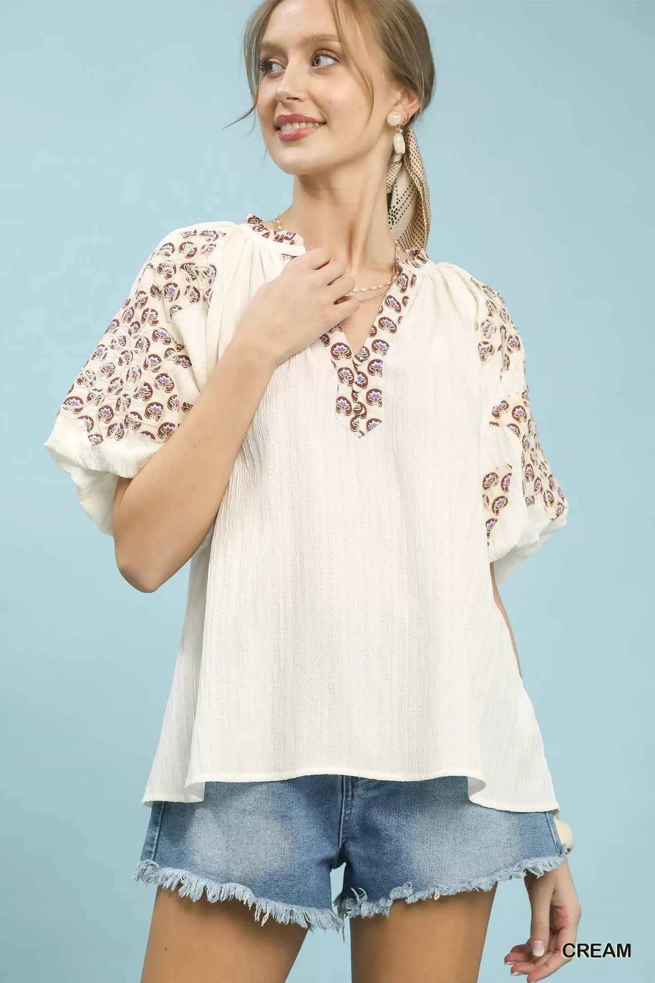 Umgee Embroidered Sleeve Contrast Trim Top