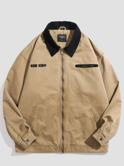 Men's Plus Size Vintage Zipper Front Jacket with Contrast Collar