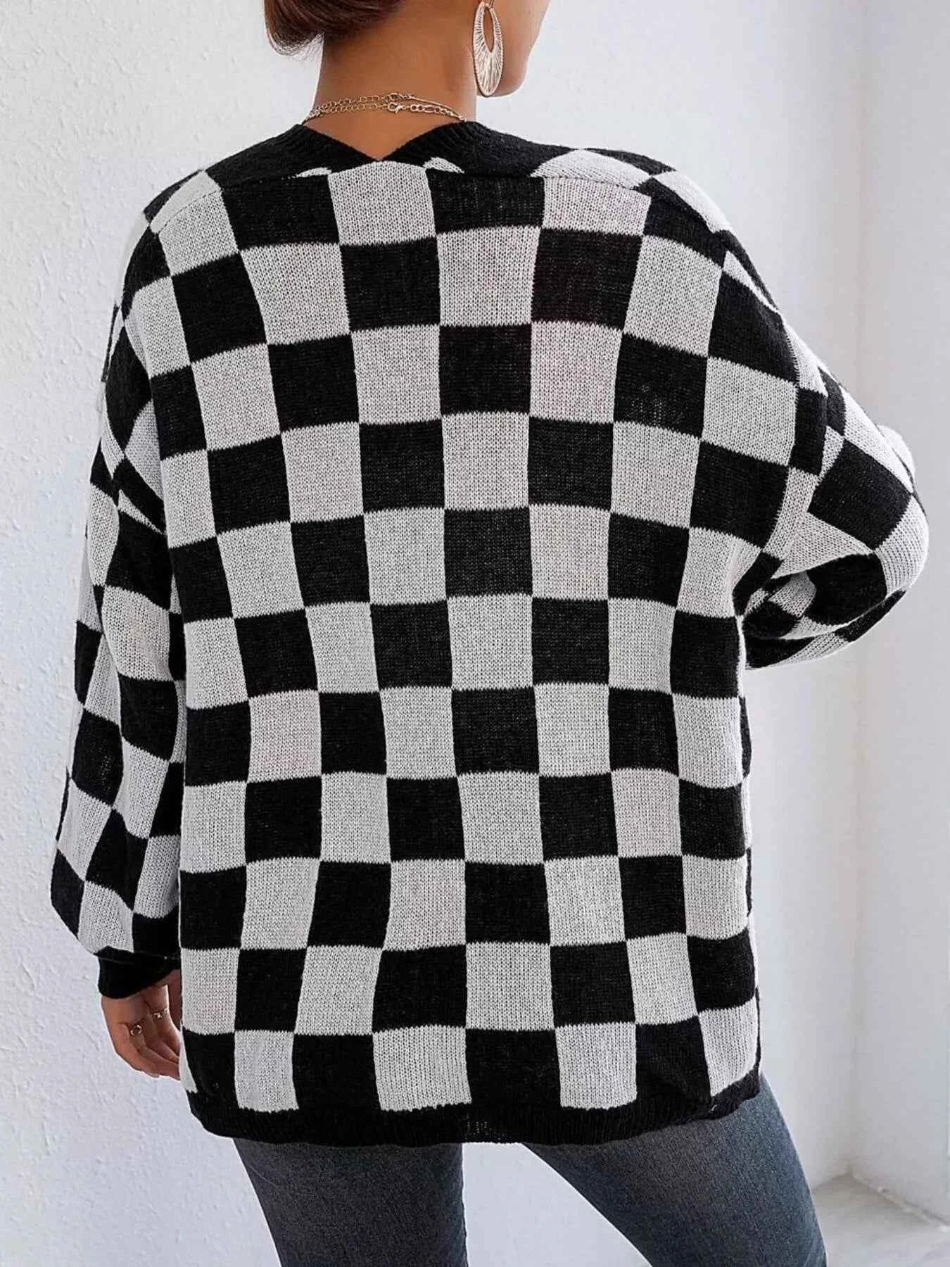 Checkerboard Pattern Open Front Knit Cardigan
