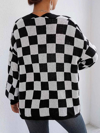Checkerboard Pattern Open Front Knit Cardigan